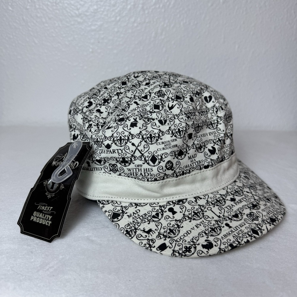 Alice In Wonderland Newboy Cap Cabbie Hat Disney OSFM Black‎ White Newsie Cotton